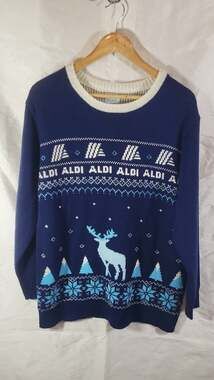 Aldi Gear Navy Blue Holiday Reindeer Fair Isle Ugly Christmas Sweater Size Large